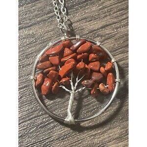Red Jasper Tree of Life Pendant + 20" Stainless Steel Chain Blue Gift Bag